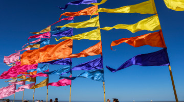 Colourful flags blowing in the wind by the sea