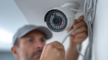 Man installing security camera