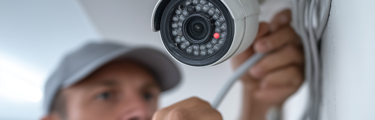 Man installing security camera